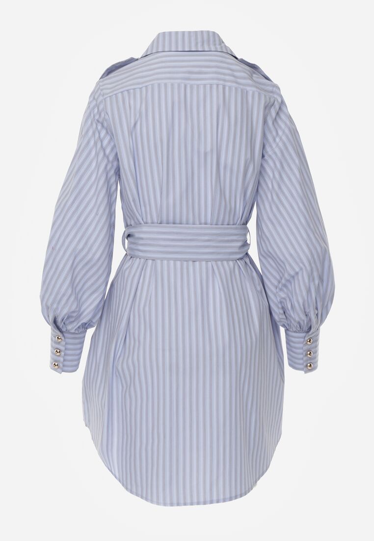 Niebieska Bawełniana Sukienka Koszulowa z Paskiem i Pagonami Dennelia 7