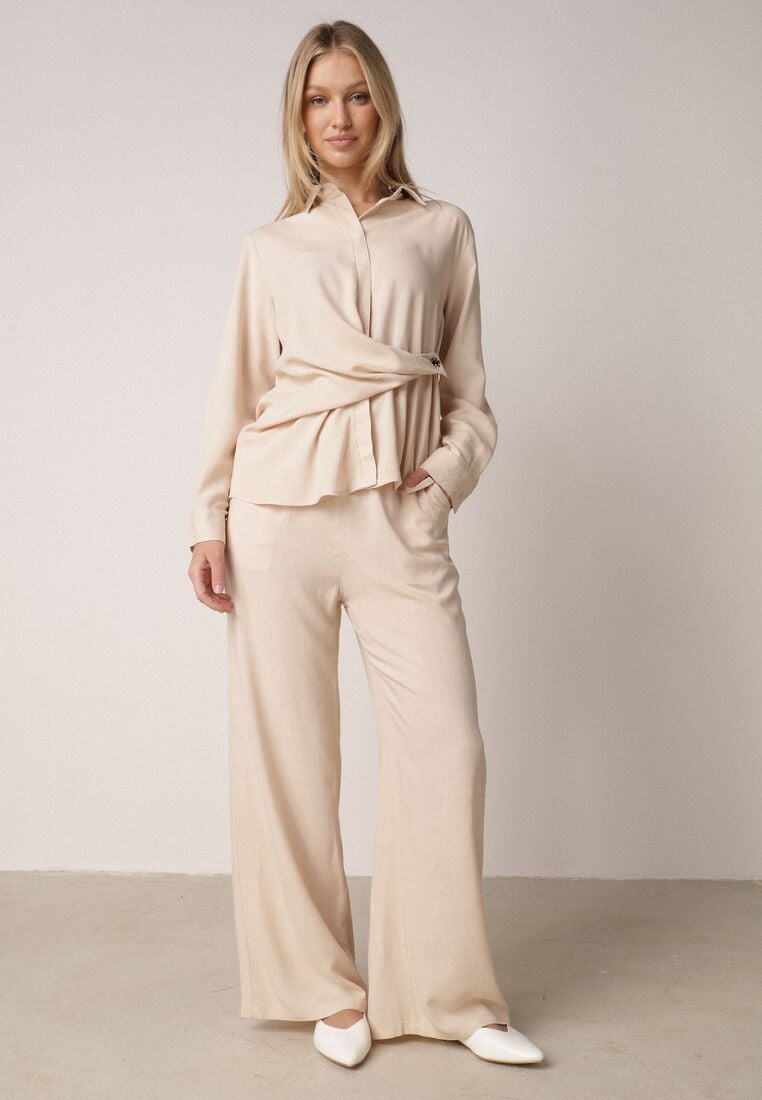 Beżowy Wiskozowy Komplet Asymetryczna Koszula i Spodnie z Kieszeniami Moneia 2