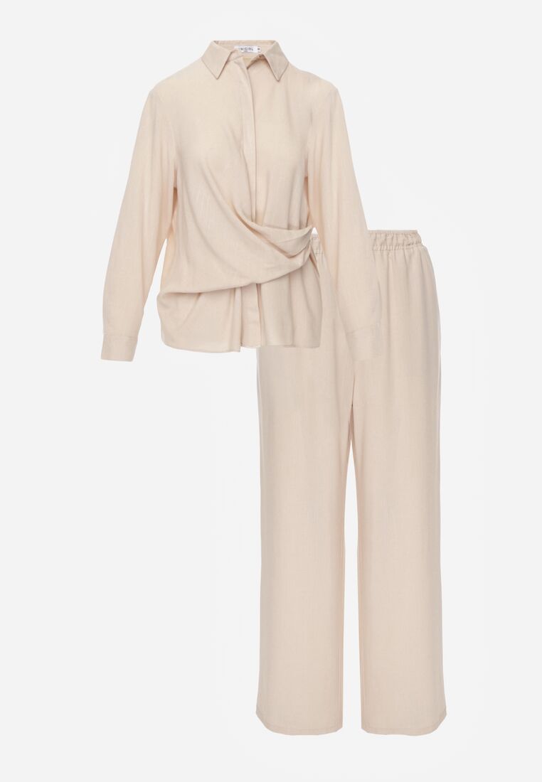 Beżowy Wiskozowy Komplet Asymetryczna Koszula i Spodnie z Kieszeniami Moneia 6