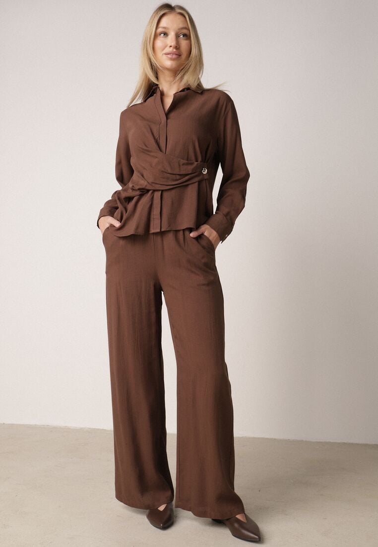 Brązowy Wiskozowy Komplet Asymetryczna Koszula i Spodnie z Kieszeniami Moneia 2