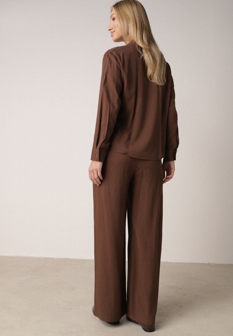 Brązowy Wiskozowy Komplet Asymetryczna Koszula i Spodnie z Kieszeniami Moneia 3