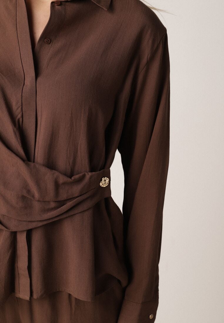 Brązowy Wiskozowy Komplet Asymetryczna Koszula i Spodnie z Kieszeniami Moneia 5