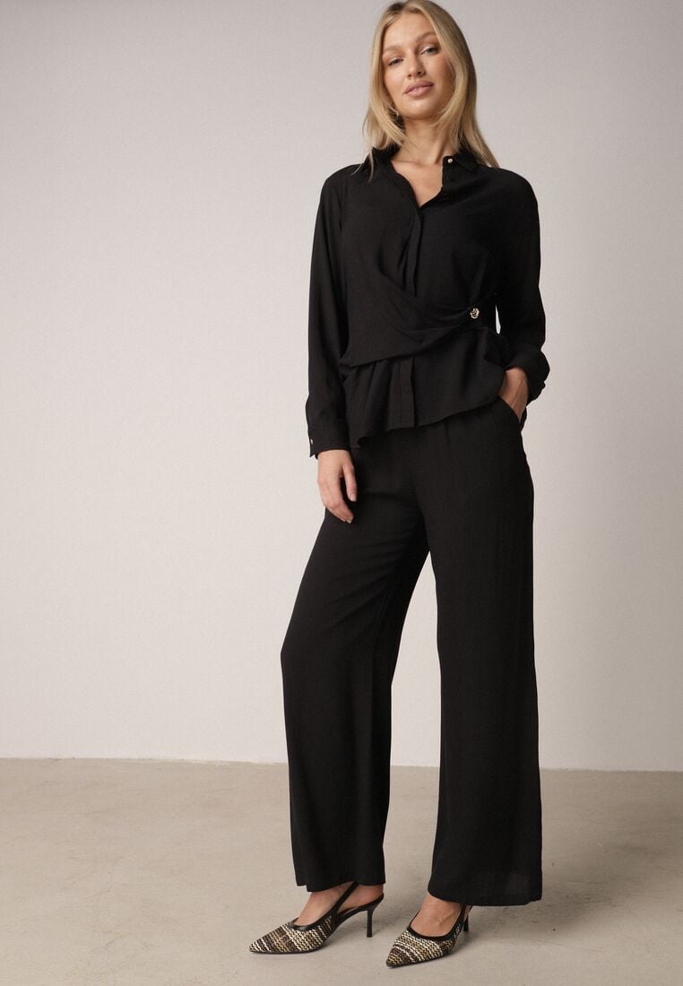 Czarny Wiskozowy Komplet Asymetryczna Koszula i Spodnie z Kieszeniami Moneia 1