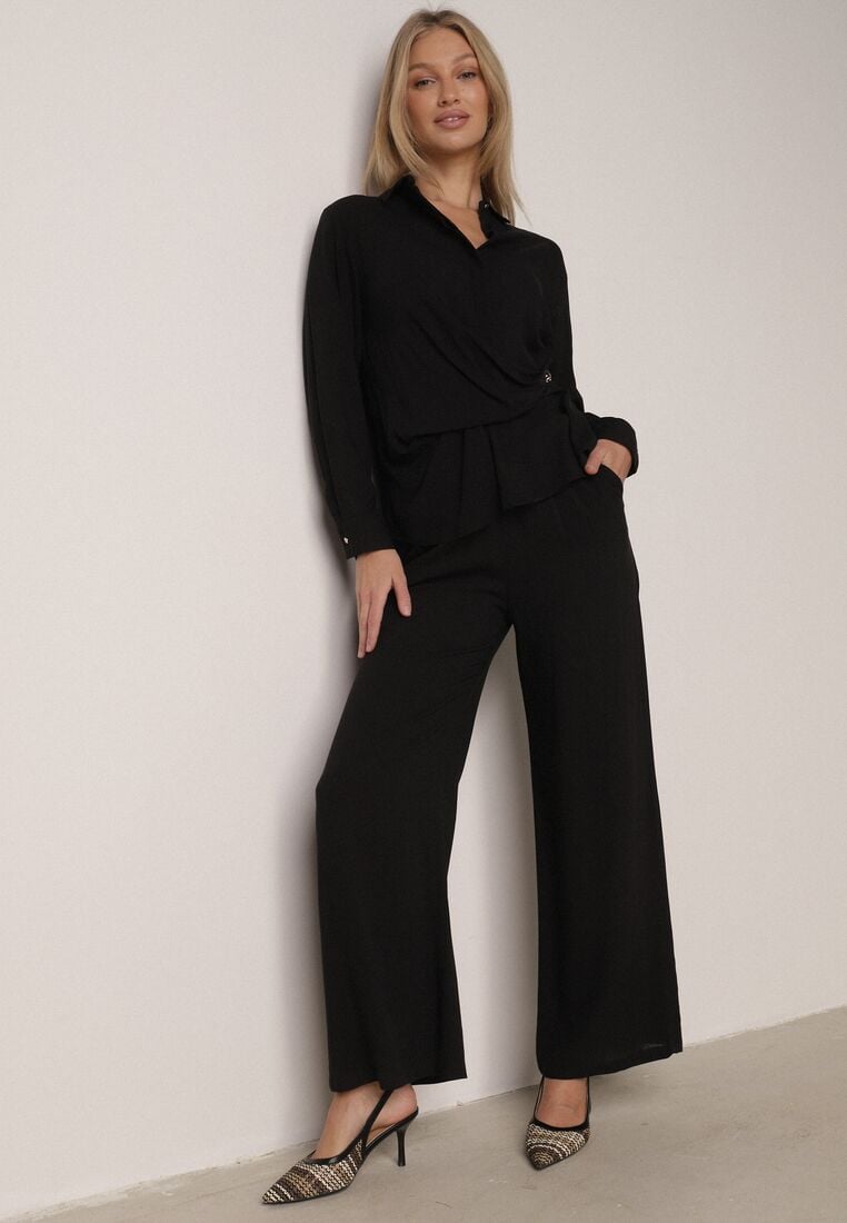 Czarny Wiskozowy Komplet Asymetryczna Koszula i Spodnie z Kieszeniami Moneia 2