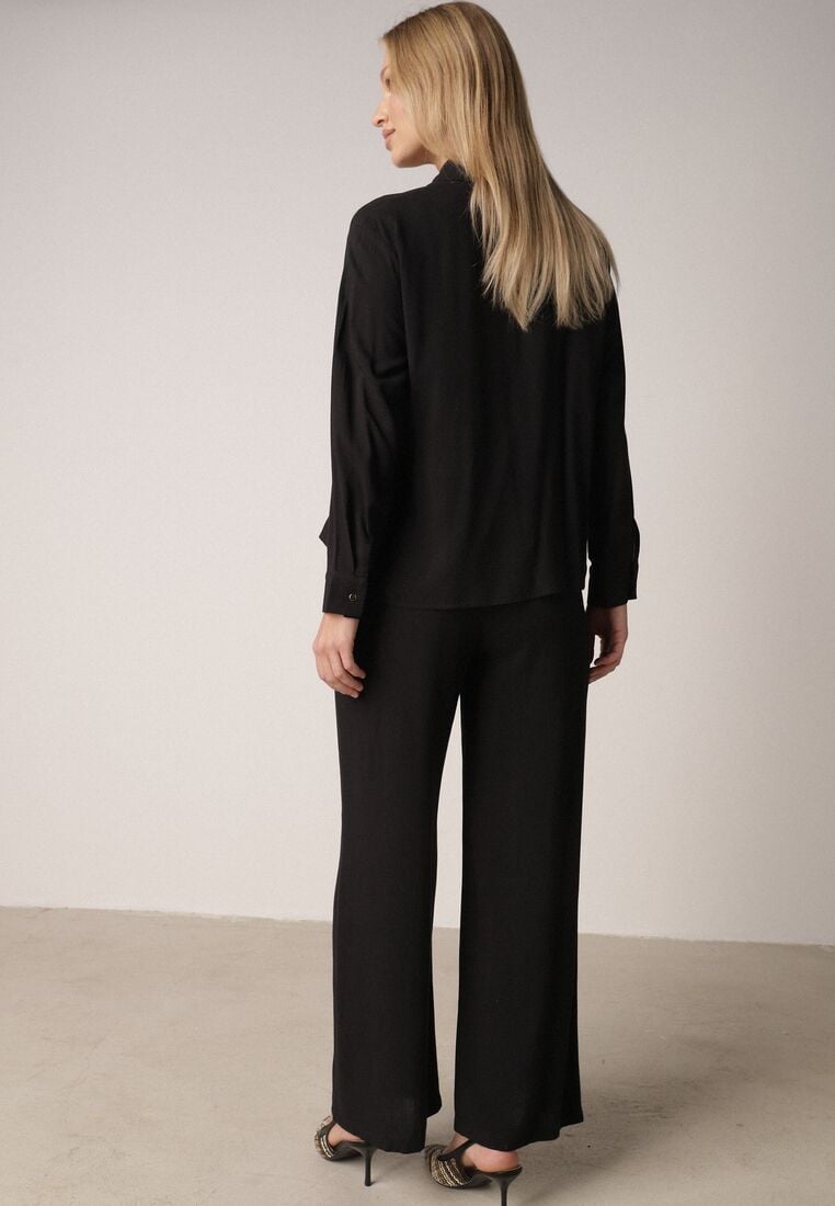 Czarny Wiskozowy Komplet Asymetryczna Koszula i Spodnie z Kieszeniami Moneia 3