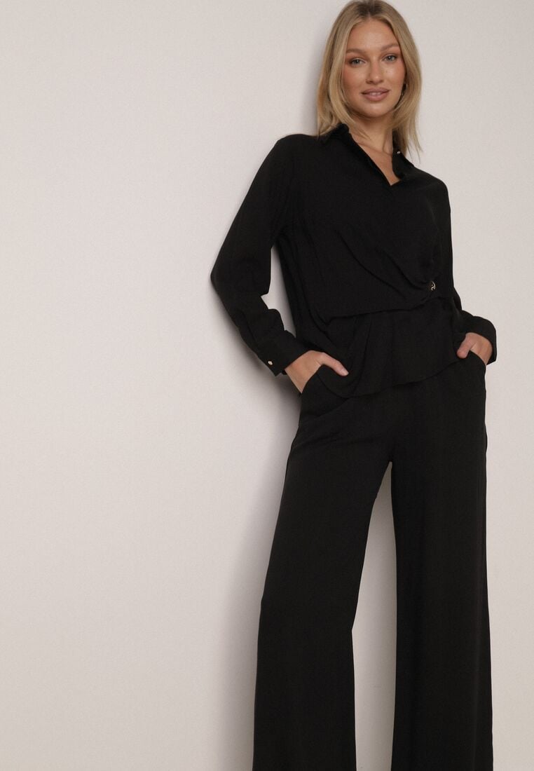Czarny Wiskozowy Komplet Asymetryczna Koszula i Spodnie z Kieszeniami Moneia 4