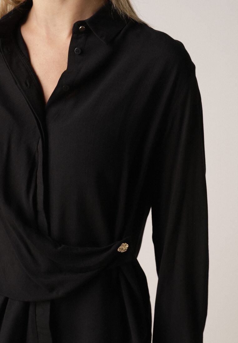 Czarny Wiskozowy Komplet Asymetryczna Koszula i Spodnie z Kieszeniami Moneia 5