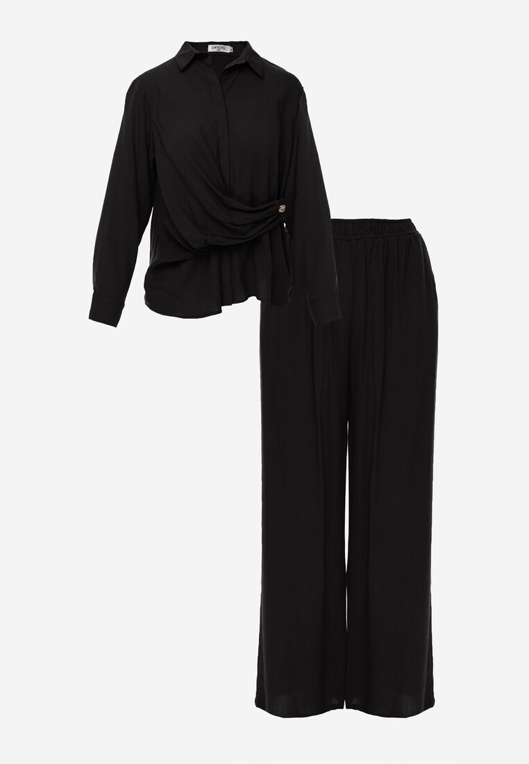 Czarny Wiskozowy Komplet Asymetryczna Koszula i Spodnie z Kieszeniami Moneia 6