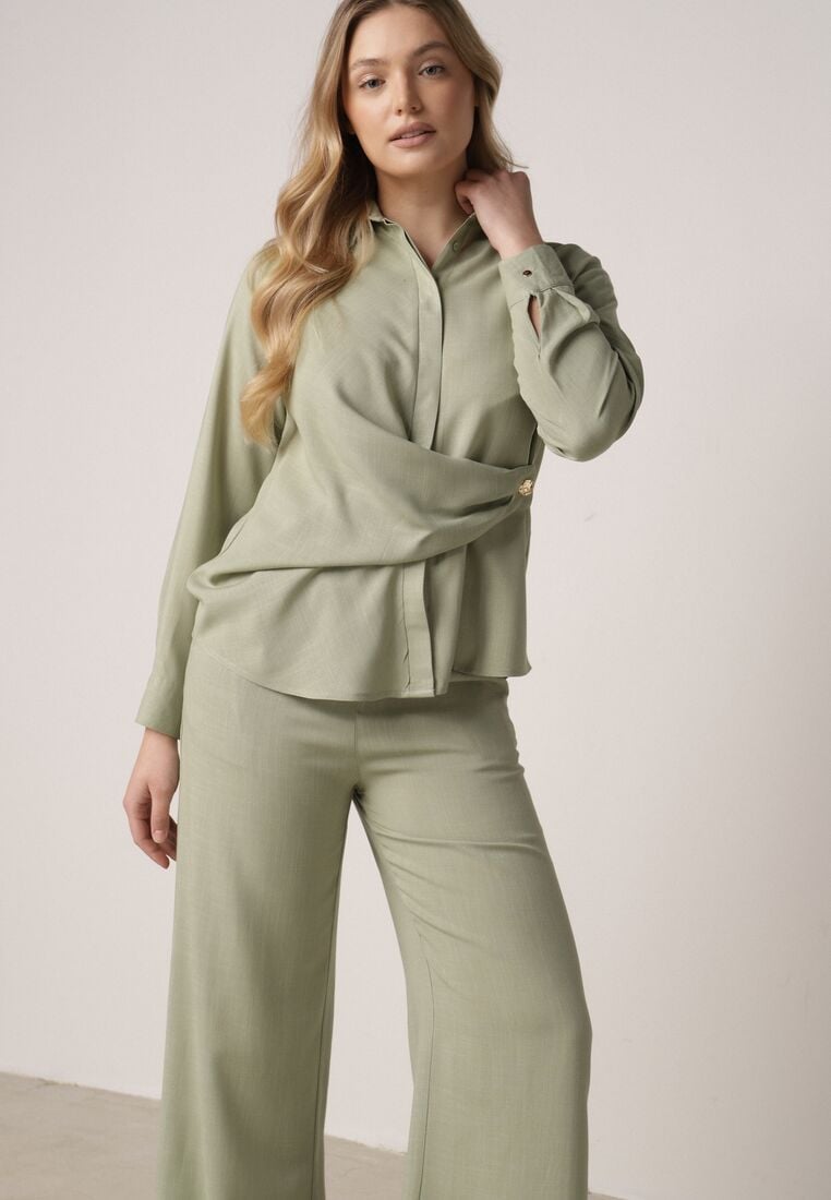 Zielony Wiskozowy Komplet Asymetryczna Koszula i Spodnie z Kieszeniami Moneia 2