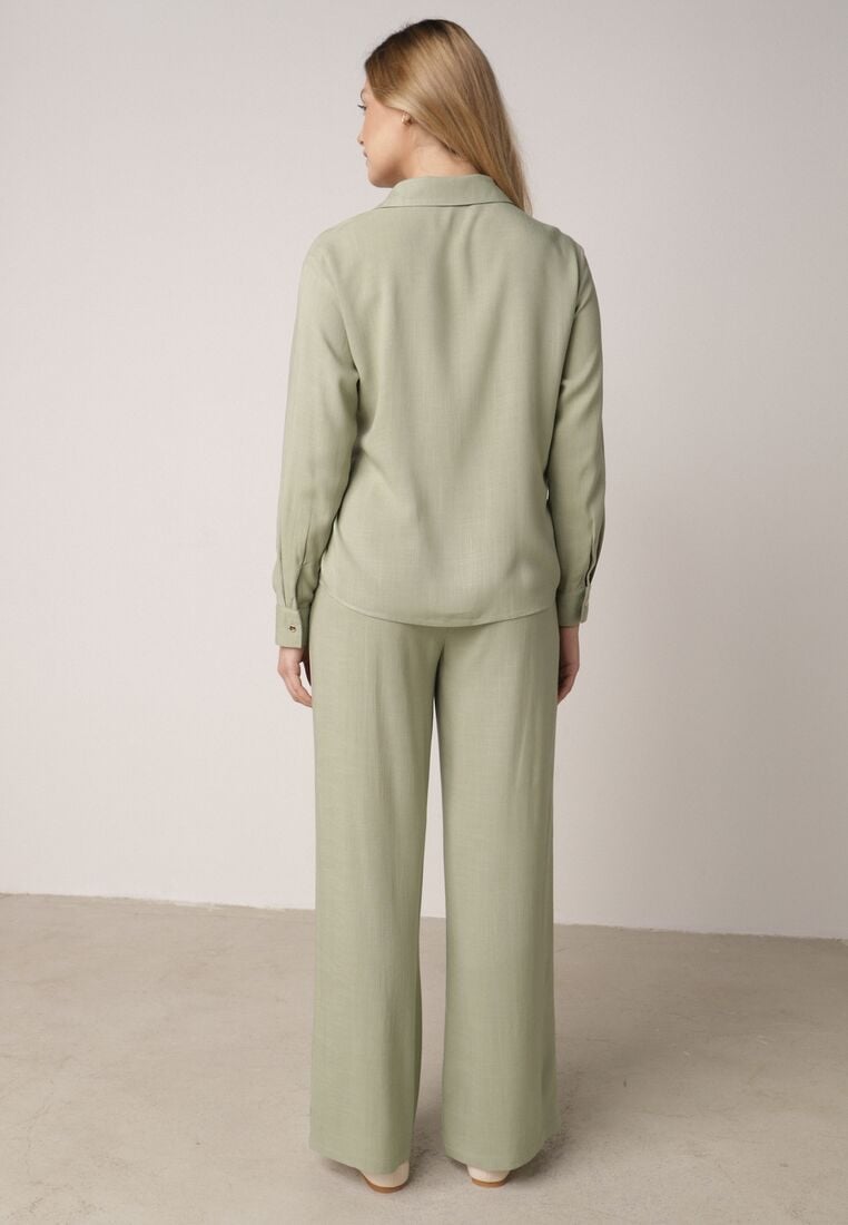 Zielony Wiskozowy Komplet Asymetryczna Koszula i Spodnie z Kieszeniami Moneia 3