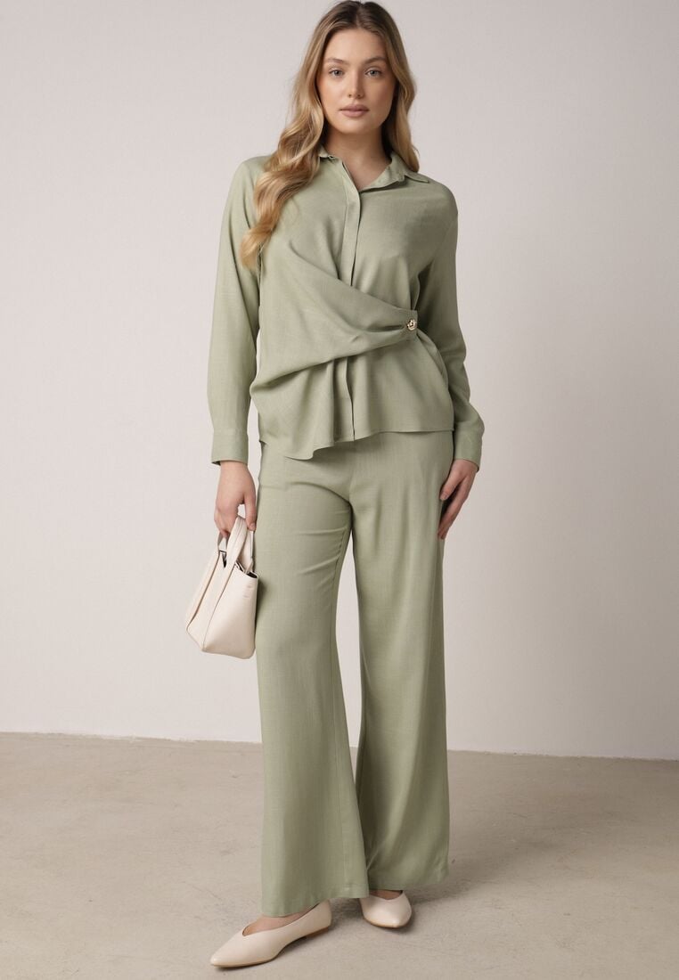 Zielony Wiskozowy Komplet Asymetryczna Koszula i Spodnie z Kieszeniami Moneia 5