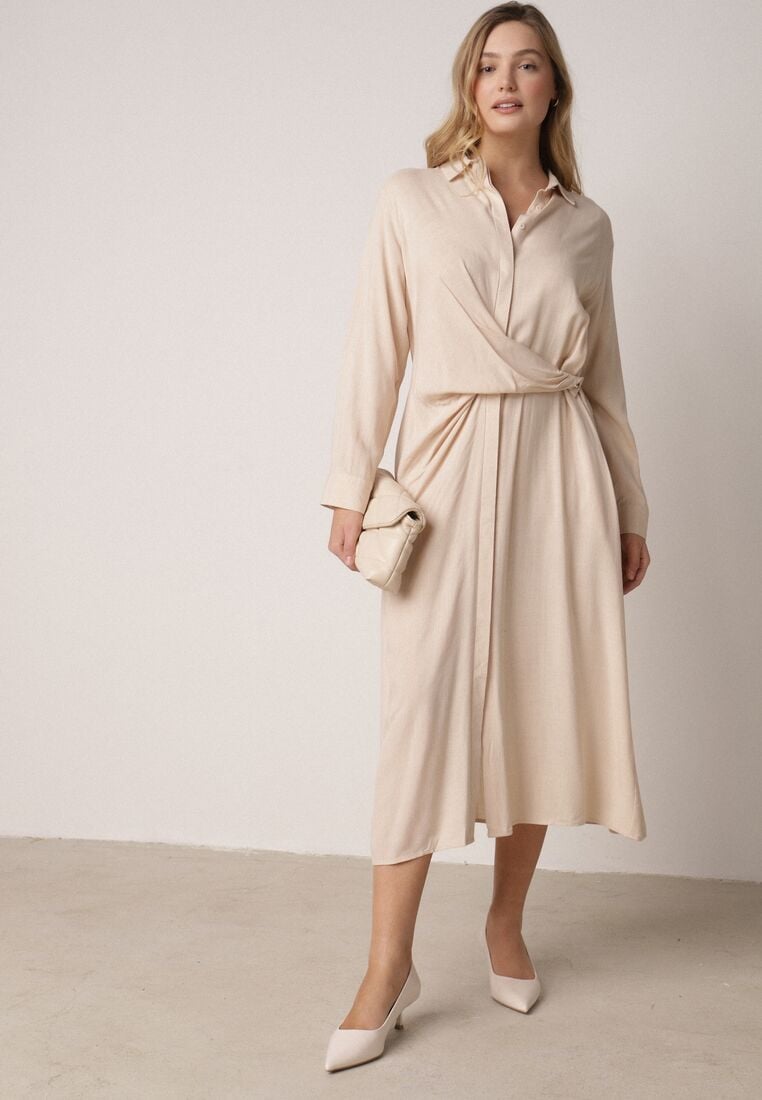 Beżowa Wiskozowa Sukienka Koszulowa z Marszczeniem i Guzikiem w Talii Lennatha 1