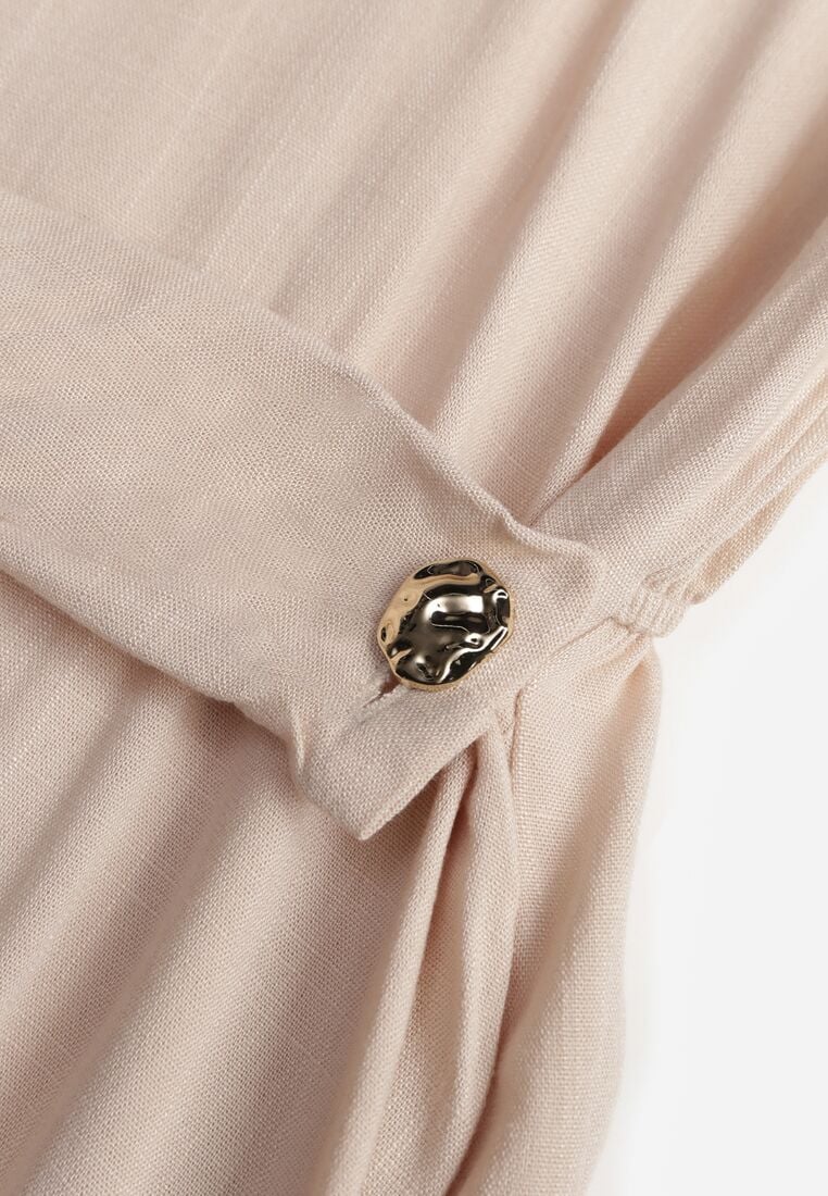 Beżowa Wiskozowa Sukienka Koszulowa z Marszczeniem i Guzikiem w Talii Lennatha 8
