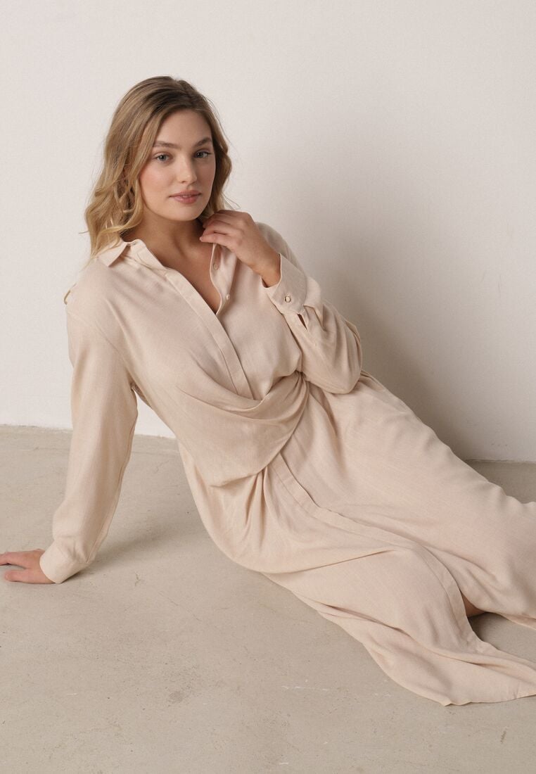 Beżowa Wiskozowa Sukienka Koszulowa z Marszczeniem i Guzikiem w Talii Lennatha 2