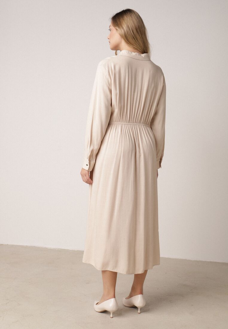 Beżowa Wiskozowa Sukienka Koszulowa z Marszczeniem i Guzikiem w Talii Lennatha 3