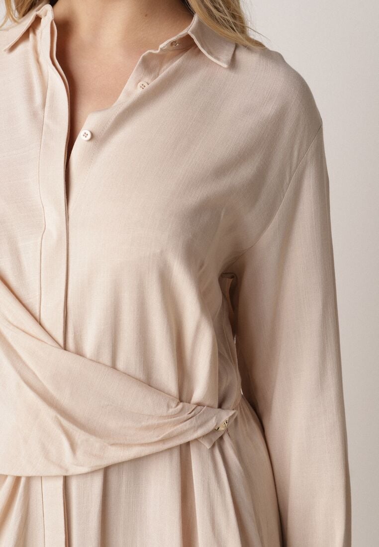Beżowa Wiskozowa Sukienka Koszulowa z Marszczeniem i Guzikiem w Talii Lennatha 4
