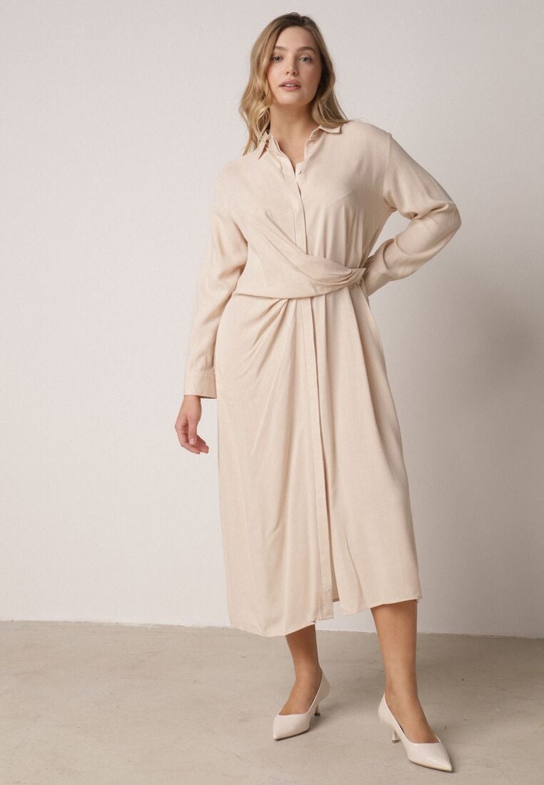 Beżowa Wiskozowa Sukienka Koszulowa z Marszczeniem i Guzikiem w Talii Lennatha 5