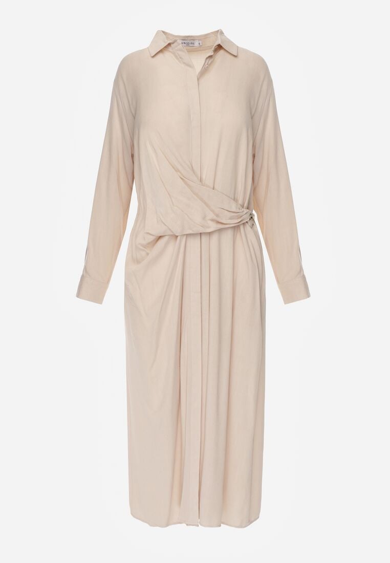Beżowa Wiskozowa Sukienka Koszulowa z Marszczeniem i Guzikiem w Talii Lennatha 6
