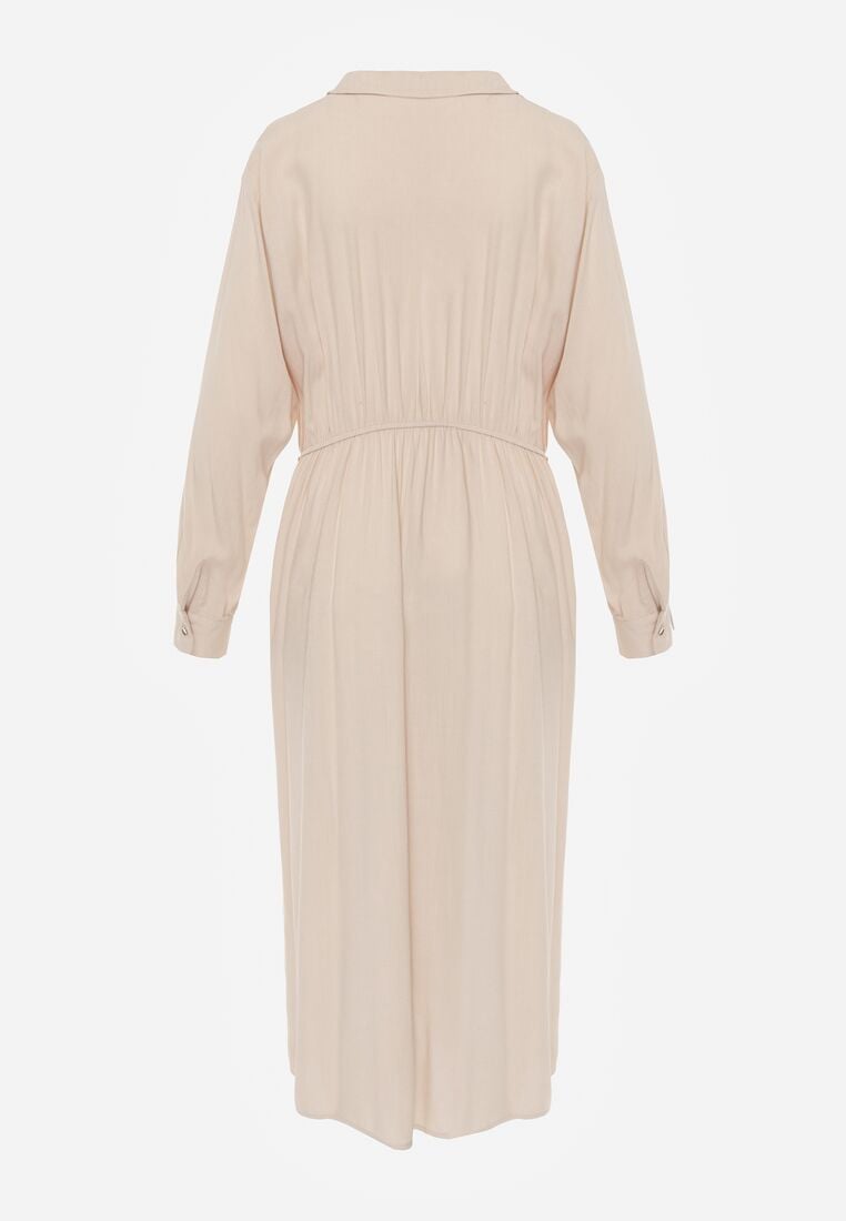 Beżowa Wiskozowa Sukienka Koszulowa z Marszczeniem i Guzikiem w Talii Lennatha 7