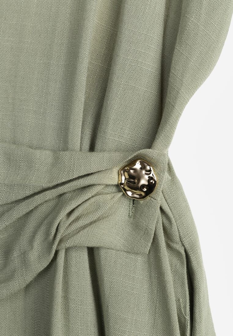 Zielona Wiskozowa Sukienka Koszulowa z Marszczeniem i Guzikiem w Talii Lennatha 8