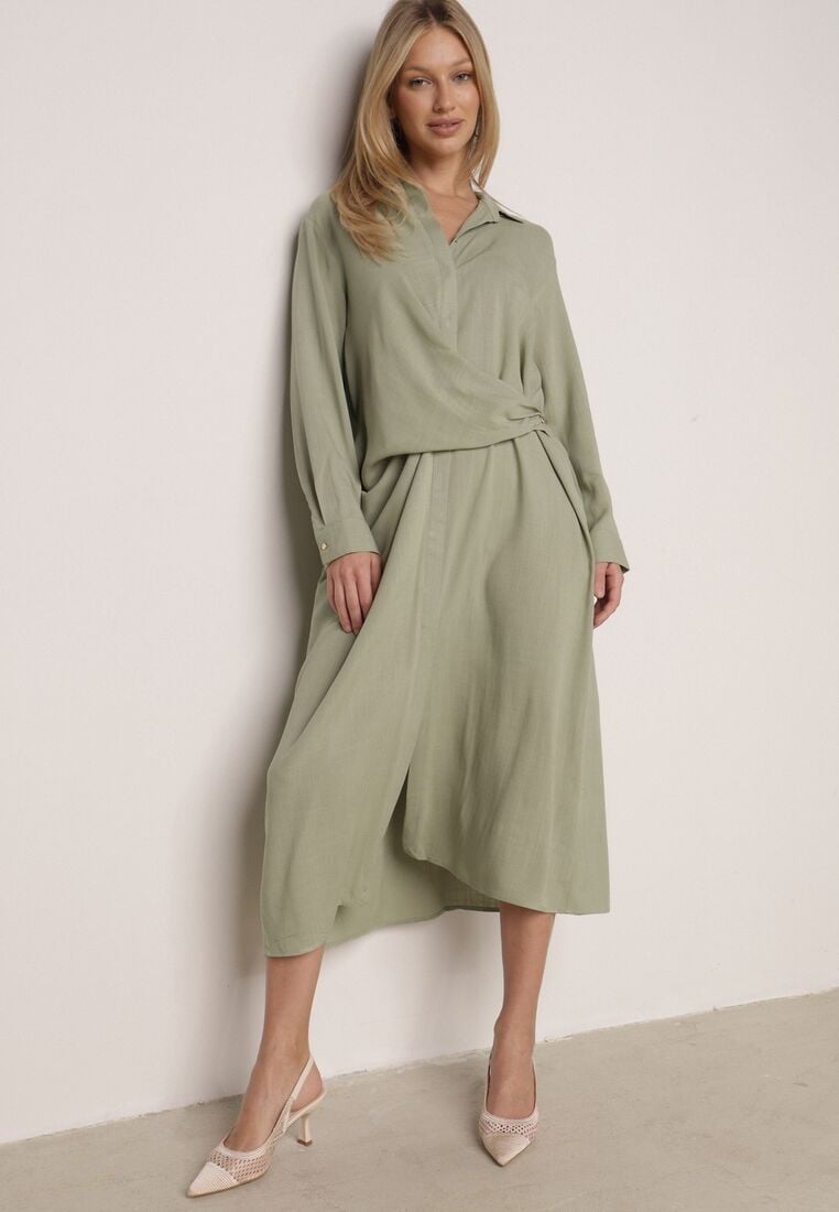 Zielona Wiskozowa Sukienka Koszulowa z Marszczeniem i Guzikiem w Talii Lennatha 2
