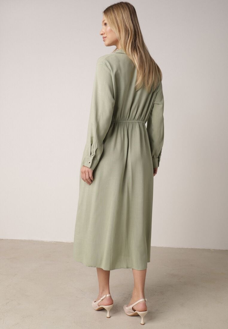 Zielona Wiskozowa Sukienka Koszulowa z Marszczeniem i Guzikiem w Talii Lennatha 3
