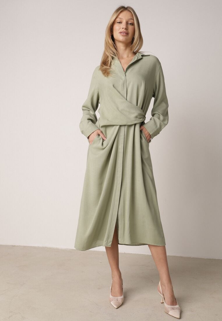 Zielona Wiskozowa Sukienka Koszulowa z Marszczeniem i Guzikiem w Talii Lennatha 4