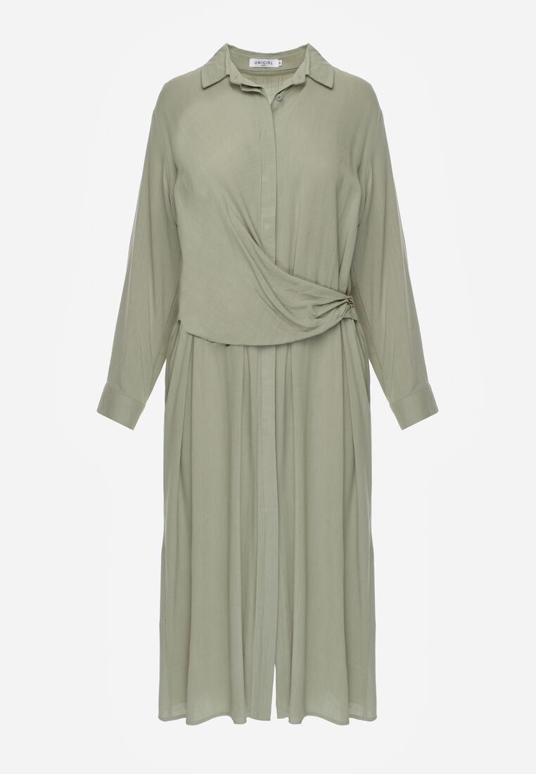 Zielona Wiskozowa Sukienka Koszulowa z Marszczeniem i Guzikiem w Talii Lennatha 6