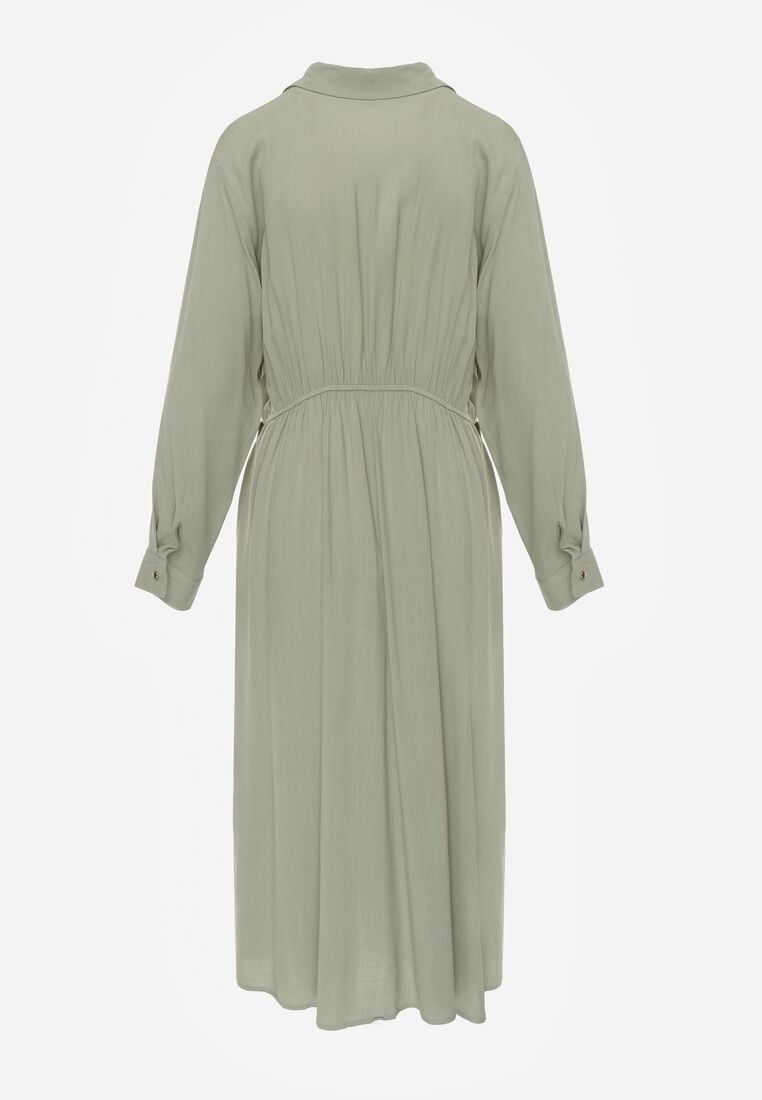 Zielona Wiskozowa Sukienka Koszulowa z Marszczeniem i Guzikiem w Talii Lennatha 7