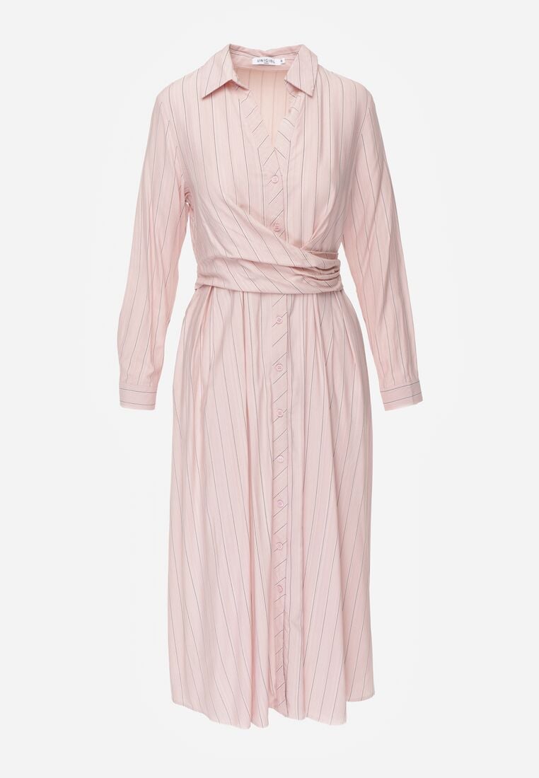 Różowa Koszulowa Sukienka z Wiskozy z Ozdobnym Marszczeniem w Talii Batena 6