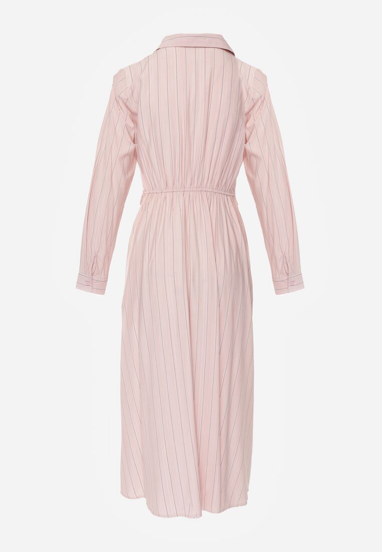 Różowa Koszulowa Sukienka z Wiskozy z Ozdobnym Marszczeniem w Talii Batena 7