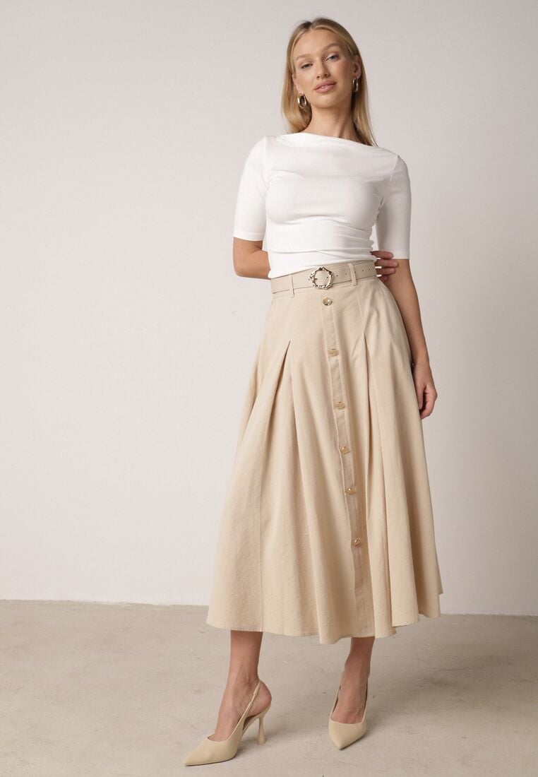 Beżowa Spódnica Rozkloszowana z Bawełną i Paskiem oraz Kieszniami Jorlea 1