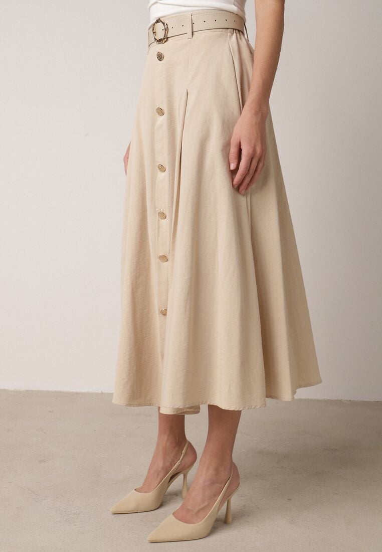 Beżowa Spódnica Rozkloszowana z Bawełną i Paskiem oraz Kieszniami Jorlea 2