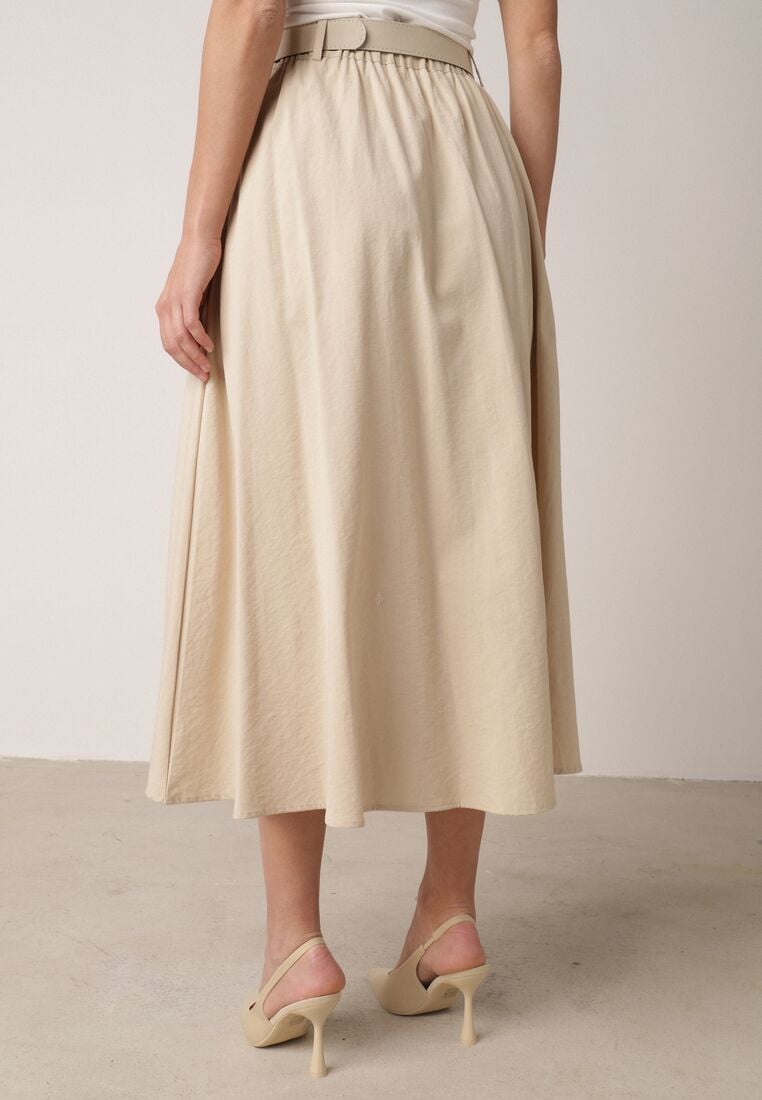 Beżowa Spódnica Rozkloszowana z Bawełną i Paskiem oraz Kieszniami Jorlea 3