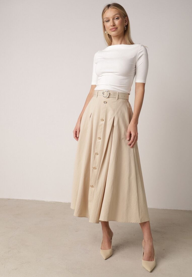 Beżowa Spódnica Rozkloszowana z Bawełną i Paskiem oraz Kieszniami Jorlea 4