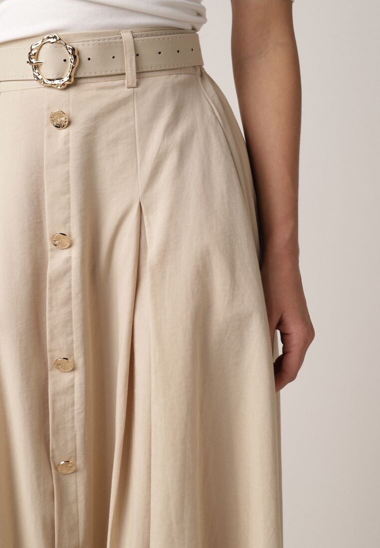 Beżowa Spódnica Rozkloszowana z Bawełną i Paskiem oraz Kieszniami Jorlea 5