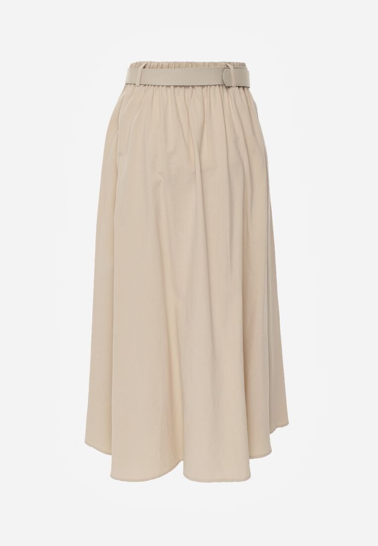 Beżowa Spódnica Rozkloszowana z Bawełną i Paskiem oraz Kieszniami Jorlea 7