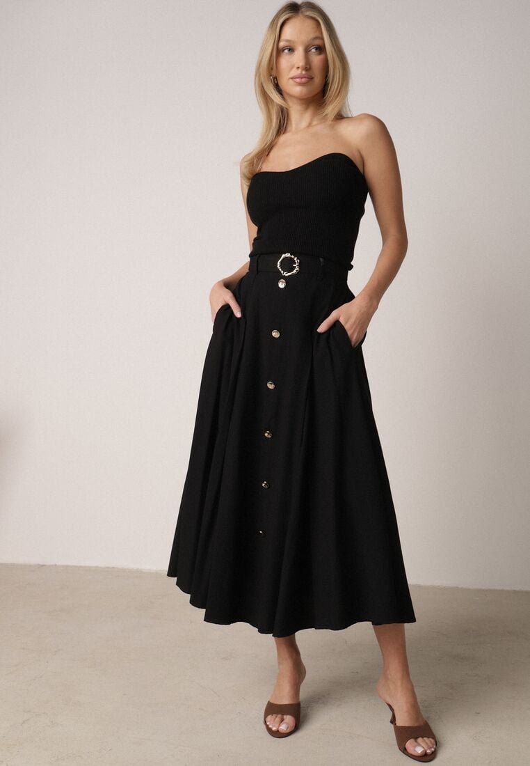 Czarna Spódnica Rozkloszowana z Bawełną i Paskiem oraz Kieszniami Jorlea 1