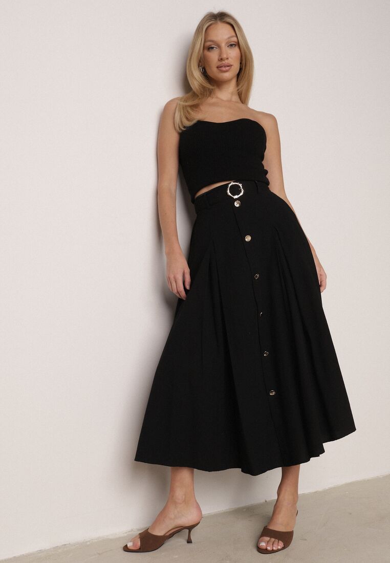 Czarna Spódnica Rozkloszowana z Bawełną i Paskiem oraz Kieszniami Jorlea 2