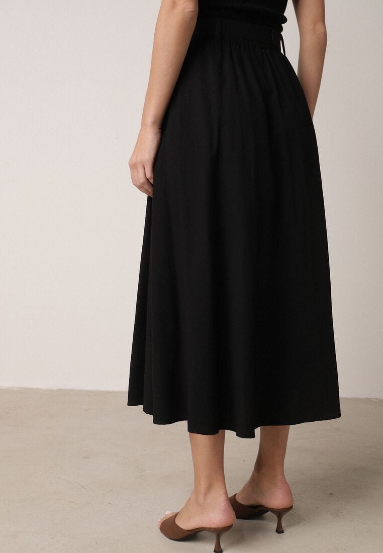 Czarna Spódnica Rozkloszowana z Bawełną i Paskiem oraz Kieszniami Jorlea 3