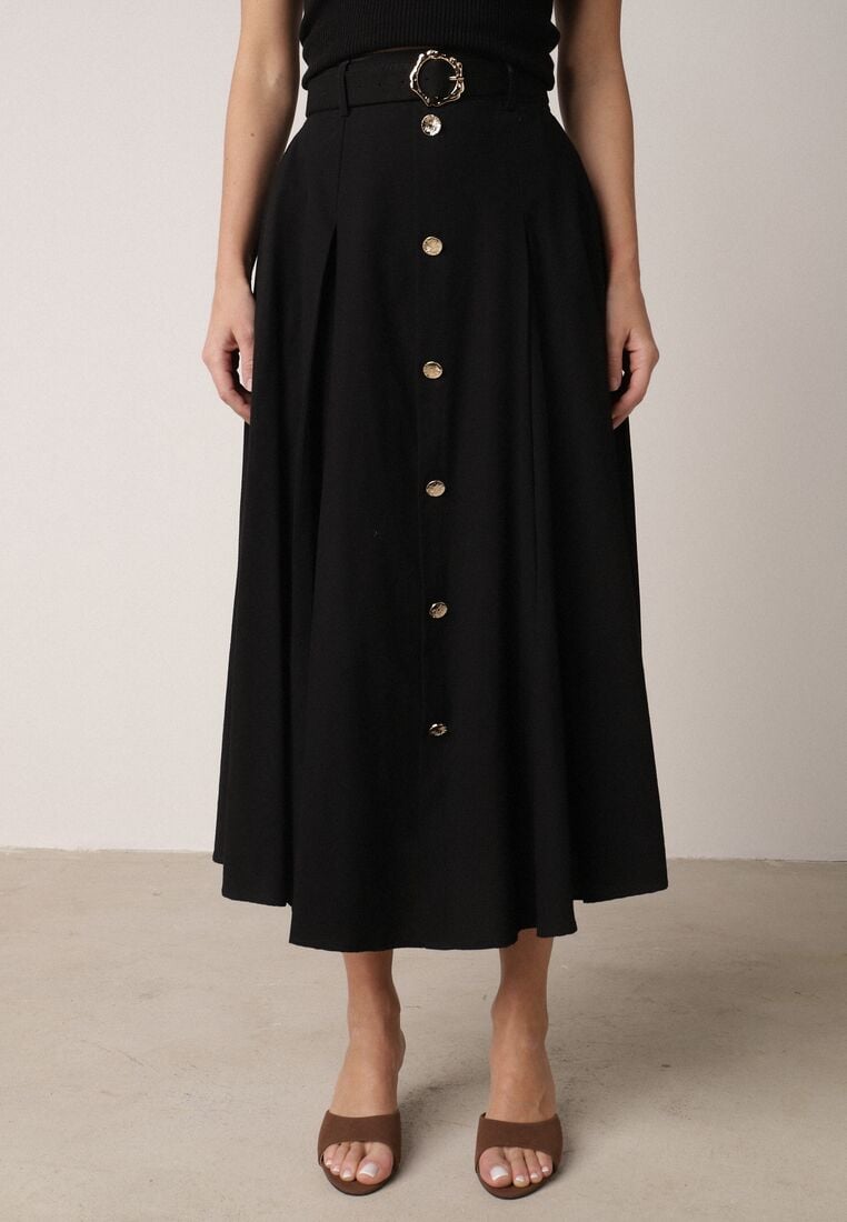 Czarna Spódnica Rozkloszowana z Bawełną i Paskiem oraz Kieszniami Jorlea 4