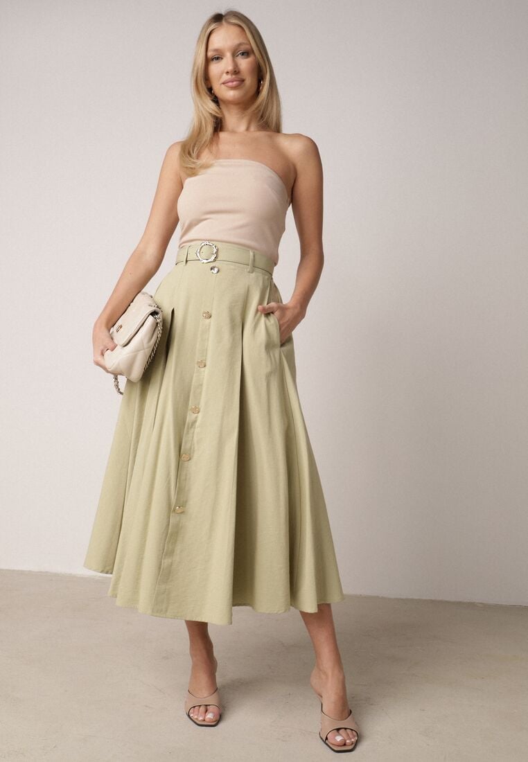 Zielona Spódnica Rozkloszowana z Bawełną i Paskiem oraz Kieszniami Jorlea 2