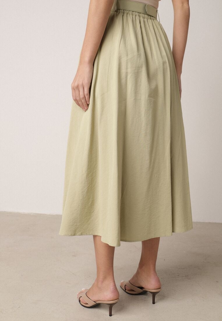 Zielona Spódnica Rozkloszowana z Bawełną i Paskiem oraz Kieszniami Jorlea 3