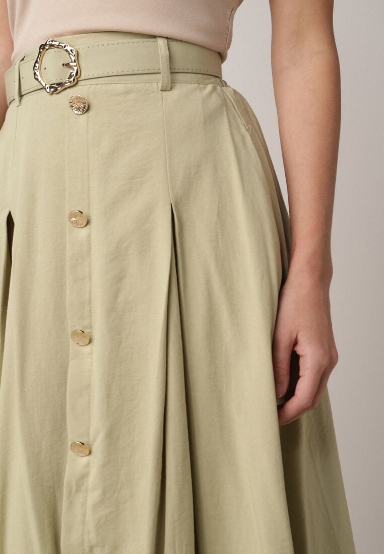 Zielona Spódnica Rozkloszowana z Bawełną i Paskiem oraz Kieszniami Jorlea 5