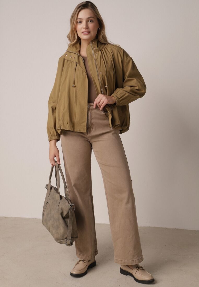 Zielona Przejściowa Kurtka Bombka Oversize z Bawełny i Wiskozy Effinue 2