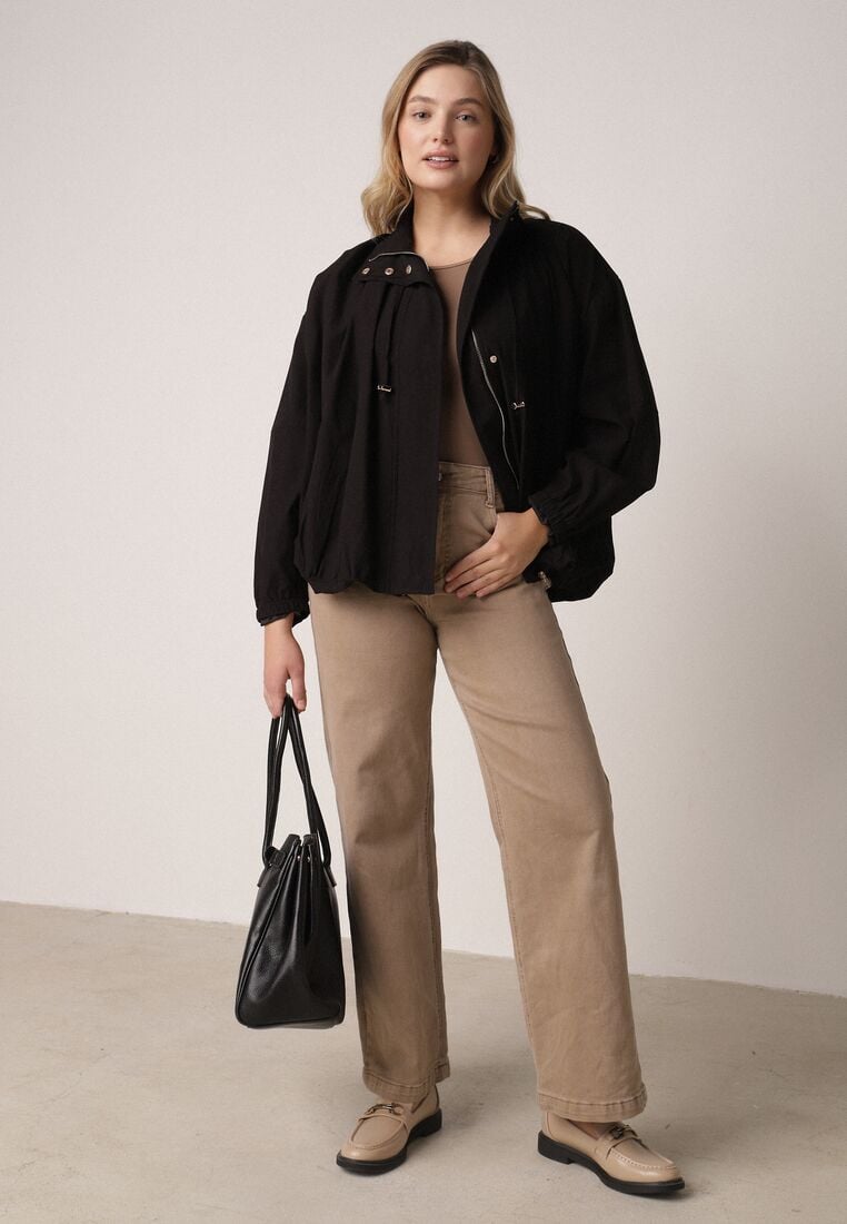 Czarna Przejściowa Kurtka Bombka Oversize z Bawełny i Wiskozy Effinue 2