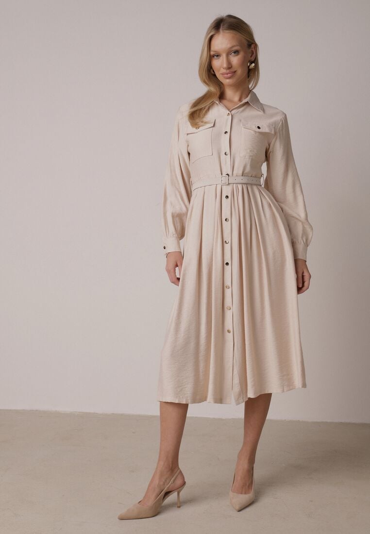 Beżowa Wiskozowa Sukienka Koszulowa z Paskiem Andranassa 1