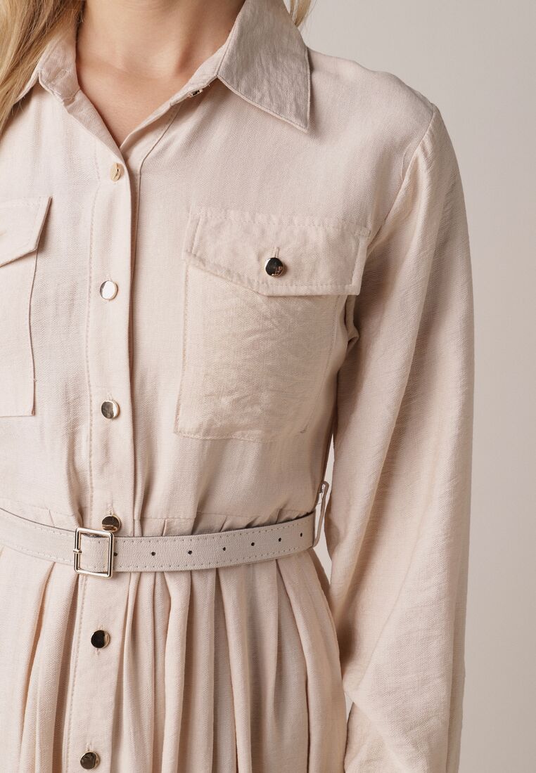 Beżowa Wiskozowa Sukienka Koszulowa z Paskiem Andranassa 5