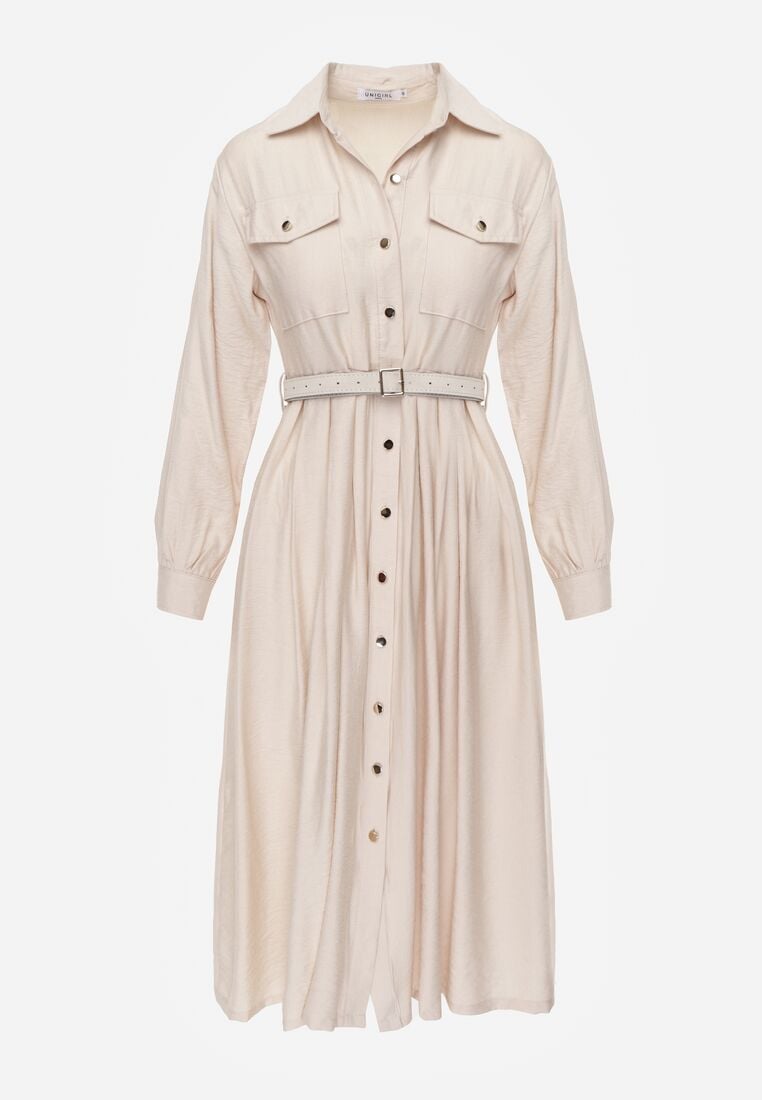 Beżowa Wiskozowa Sukienka Koszulowa z Paskiem Andranassa 6