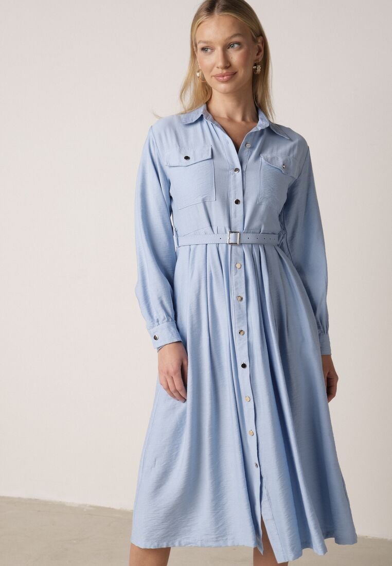 Niebieska Wiskozowa Sukienka Koszulowa z Paskiem Andranassa 2